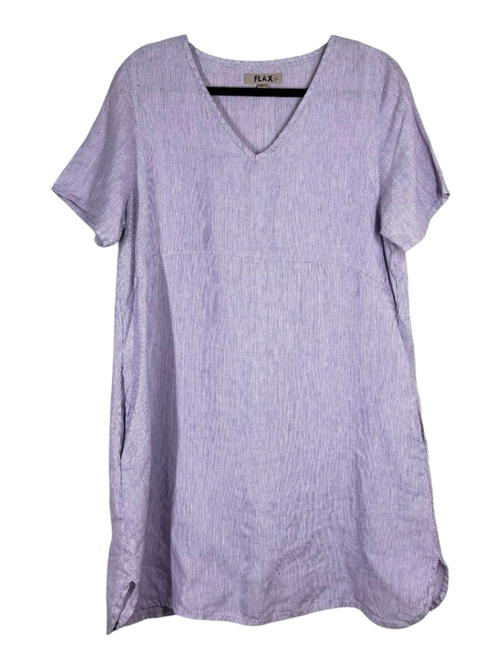 FLAX 100% Linen Striped Shift Dress Purple White Pockets Small Lagenlook